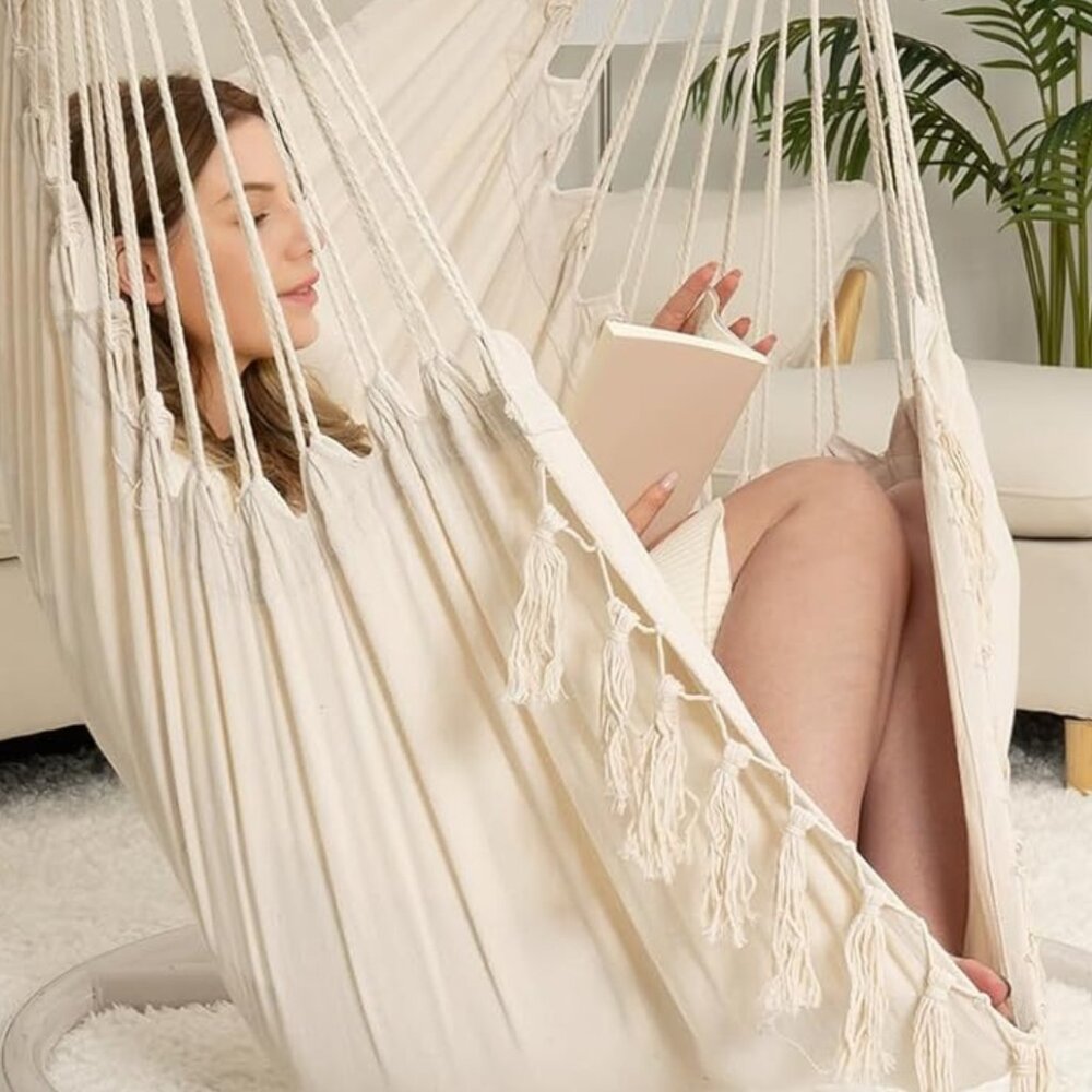 NWT Y-STOP Macrame Hammock Chair Beige, 2 Cushions Included
